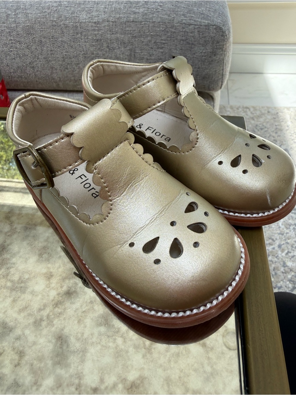 Girls Metallic Gold Mary Jane Shoes with Scallop Trim